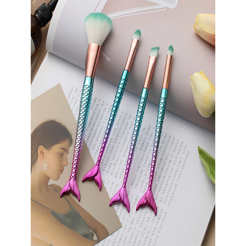 Brochas De Maquillaje Sirena Tornasol 4pz Pincel Sombra Ojos Color Multicolor