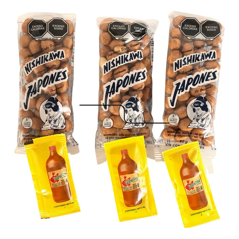 Cacahuates Nishikawa Japonés. Paquete 10 Bolsas De 60g Con 10 Sobres De Salsa Vale