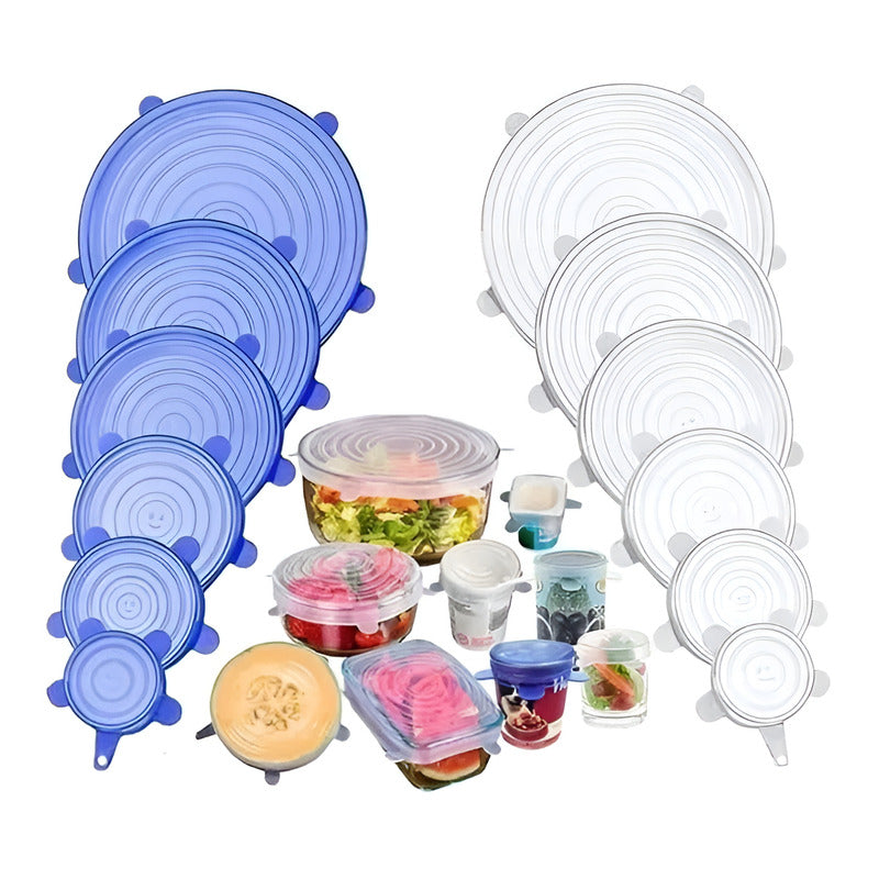 Tapas Elasticas Silicona Reutilizables Ajustable 6 Pz Comida Color Azul Liso
