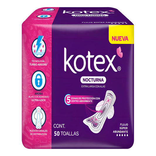 Toalla Femenina Kotex Nocturna Extra Larga Con Alas 50 Pzas Nuevos Canales De Distribuicion