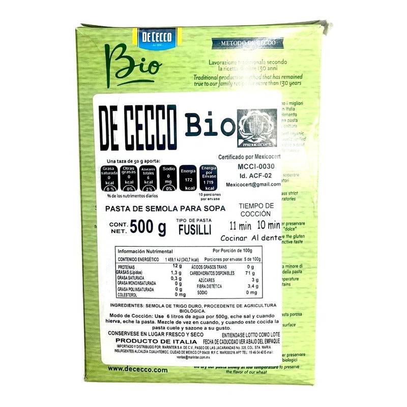 De Cecco, Pasta Fusilli Bio De Sémola, 500 Gramos